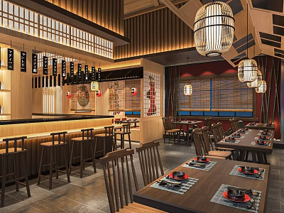 Japanese Style Restaurant Interior With Wooden Decoration Bar Counter Dining Tables Lanterns And Partition Screens 3d model