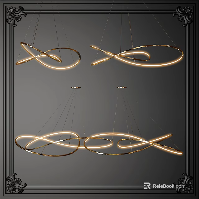 Modern Golden Curved Chandeliers With Illuminated Intertwined Rings Hanging In Interior 3d model 