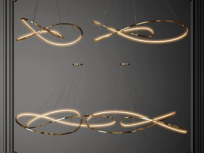 Modern Golden Curved Chandeliers With Illuminated Intertwined Rings Hanging In Interior 3d model
