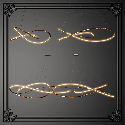Modern Golden Curved Chandeliers With Illuminated Intertwined Rings Hanging In Interior 3d model