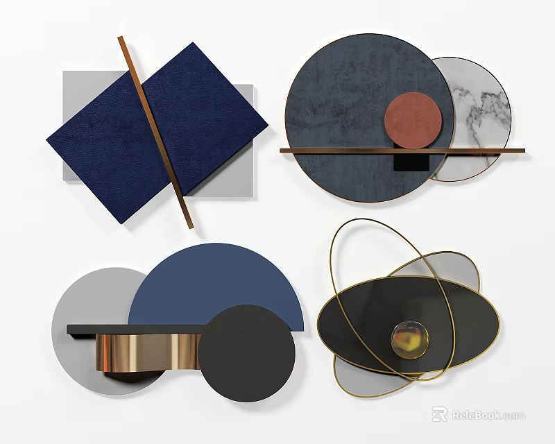 Modern Geometric Wall Decor With Navy Blue Gray Black And Copper Metal Frames 3d model