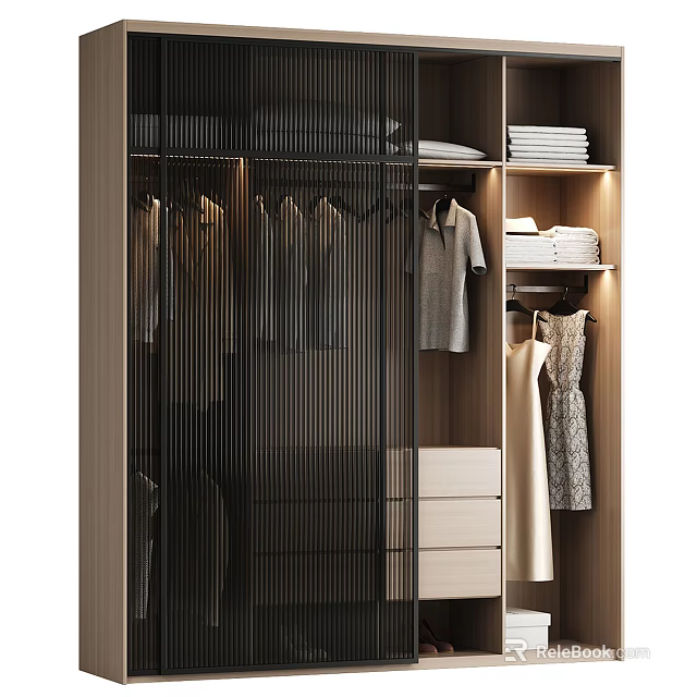 Modern Wardrobe Interior Design With Hanging Clothes Folded Shelves Drawers And Lighting 3d model 