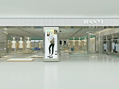 Modern Clothing Store Interior With Mannequins Display Racks And Window Advertisement 3d model