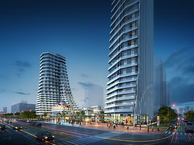 Modern Tall Office Towers Night View With Urban Street Vehicles And Pedestrians 3d model
