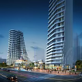 Modern Tall Office Towers Night View With Urban Street Vehicles And Pedestrians