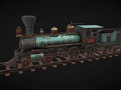 Vintage Steam Train Model with Green Black and Gold Accents on Rail Tracks 3d model