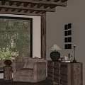 Wooden Decorative Cabinet in Cozy Living Room with Sofa Greenery Wall Art Lamp and Ornaments