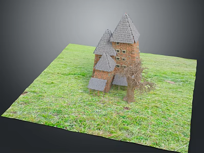 Brick Building with Multiple Gray Tiled Pointed Roofs on Green Grassy Area and a Tree 3d model