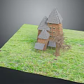 Brick Building with Multiple Gray Tiled Pointed Roofs on Green Grassy Area and a Tree