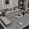 Modern Beige Sofa and Coffee Table Set with Decorative Pillows Ottoman and Round Table 3d model