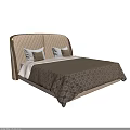 Elegant Double Bed with Tufted Beige Headboard Brown Patterned Bedspread and White Pillows 3d model