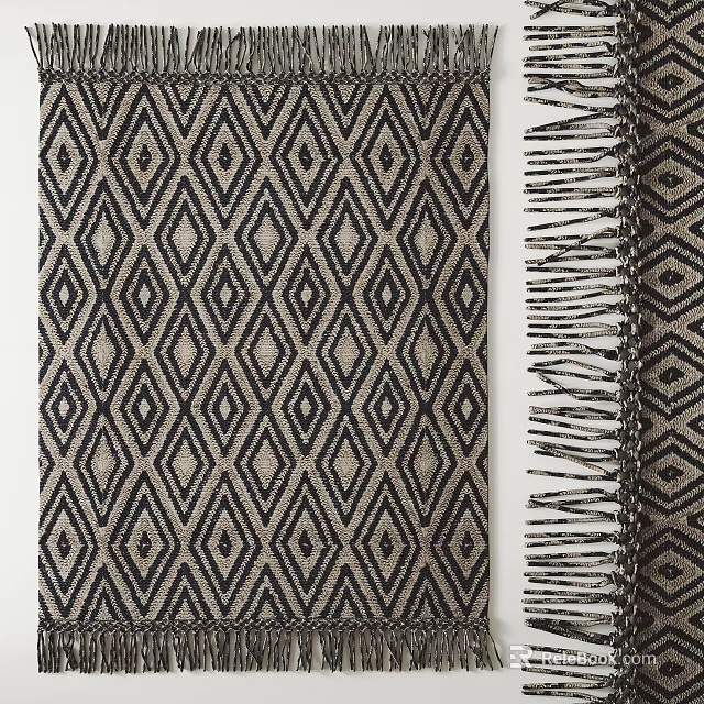 Stylish Square Rug With Diamond Pattern Dark Gray And Beige Tassel Edges 3d model 