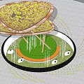 Contemporary Curved Pergola With Mosaic Grid Top Slender Metal Pillars White Spheres On Green Lawn