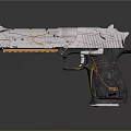 Modern Futuristic Pistol With Metallic Silver Finish Black Grip Yellow Accents And Detailed Design Elements