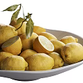White Ceramic Bowl Filled With Fresh Lemons Lemon Leaves And Sliced Lemons Around