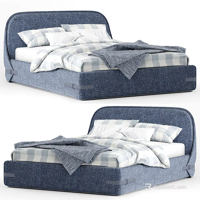 Modern Blue Upholstered Double Bed With Plaid Bedding Soft Pillows And Blanket 3d model