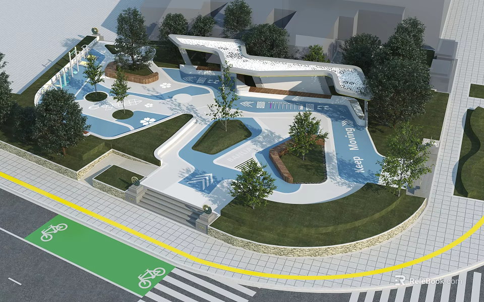Scenic Park Landscape With Play Area Blue Water Features Green Lawns Trees And Bicycle Lane 3d model 