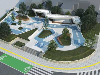 Scenic Park Landscape With Play Area Blue Water Features Green Lawns Trees And Bicycle Lane 3d model