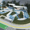 Scenic Park Landscape With Play Area Blue Water Features Green Lawns Trees And Bicycle Lane