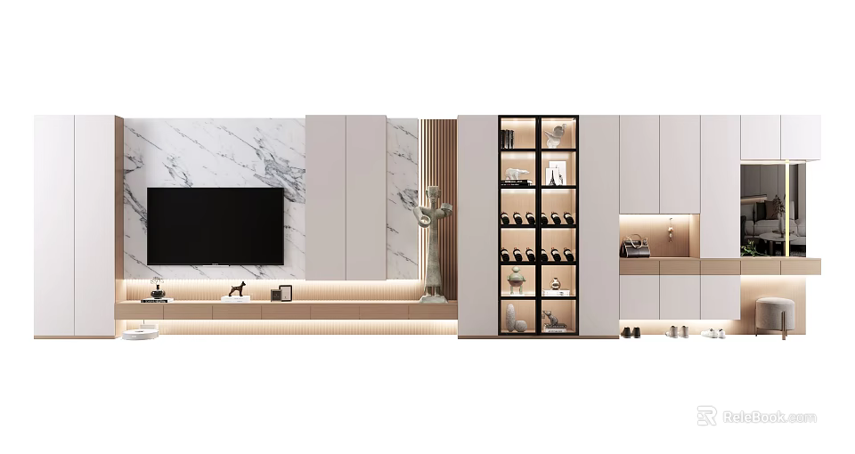 Modern TV Background Wall Interior Design With Marble Panel And Display Cabinets 3d model