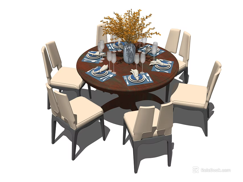 Round Dining Table Set With Beige Upholstered Chairs Tableware And Flower Vase 3d model
