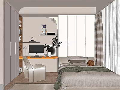 Tatami Bedroom Interior Design With Desk Computer Bookshelf Window And Curtains 3d model