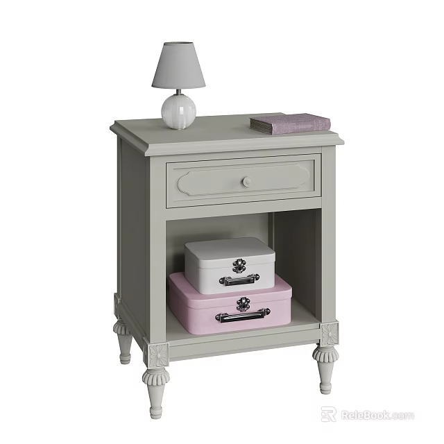 Gray Wooden Nightstand With Drawer Open Shelf Storage Boxes Table Lamp And Pink Book 3d model 