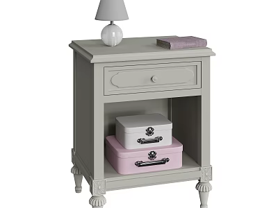 Gray Wooden Nightstand With Drawer Open Shelf Storage Boxes Table Lamp And Pink Book 3d model