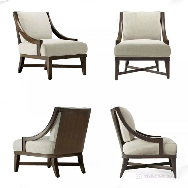 Single Sofa With Wooden Frame Light Colored Cushion And Armrest Shown In Various Angles 3d model