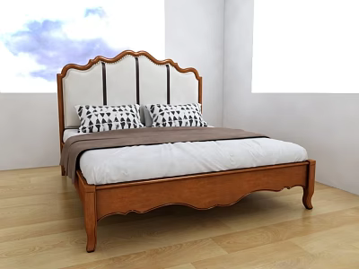 Classic Double Bed With Carved Wooden Headboard White Panel Geometric Pillows And Light Wooden Floor 3d model