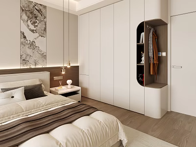 Modern Minimalist Custom Bedroom Wardrobe With Unique Open Hanging Space And Practical Storage Shelves 3d model