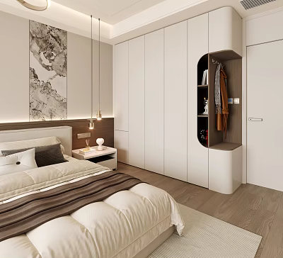 Modern Minimalist Custom Bedroom Wardrobe With Unique Open Hanging Space And Practical Storage Shelves 3d model