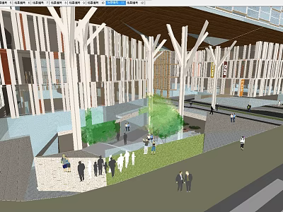 Modern Commercial Street Interior Design With Wooden Structure Greenery Pedestrians And Open Walkway 3d model