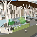 Modern Commercial Street Interior Design With Wooden Structure Greenery Pedestrians And Open Walkway