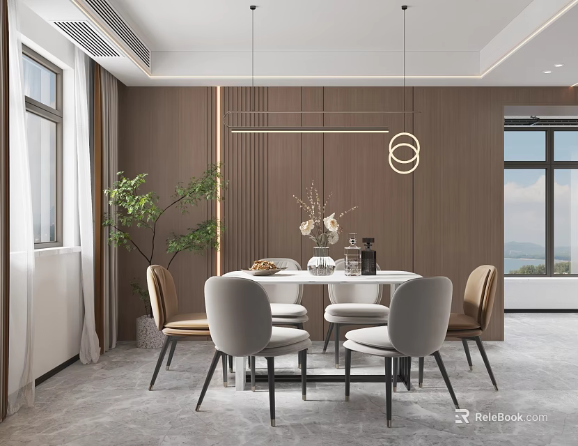 Modern Restaurant Interior With Round Dining Table Grey Beige Chairs Hanging Pendant Lights Flower Vase Large Windows 3d model 