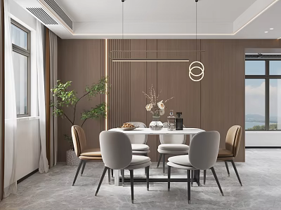 Modern Restaurant Interior With Round Dining Table Grey Beige Chairs Hanging Pendant Lights Flower Vase Large Windows 3d model