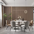 Modern Restaurant Interior With Round Dining Table Grey Beige Chairs Hanging Pendant Lights Flower Vase Large Windows