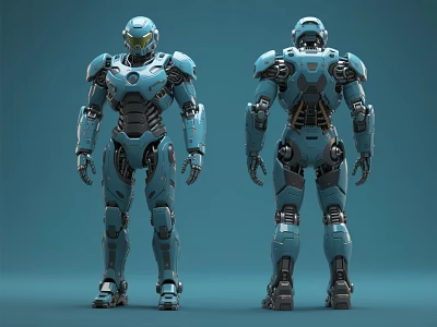 Blue Sci Fi Mech Robot Game And Movie Character Front And Back Views 3d model
