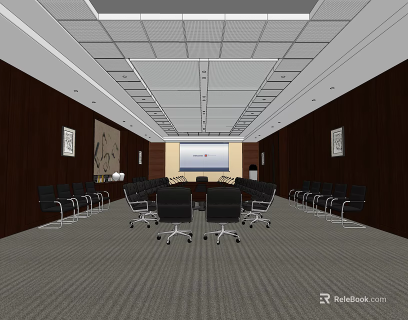 Modern Conference Room Interior With Dark Wooden Walls Conference Table And Projection Screen 3d model 