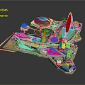 Modern Amusement Rides in Theme Park Layout with Tower Structures Circular Buildings and Green Areas
