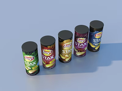 Colorful Lay's Stax Potato Chips Cans with Various Flavors Arranged in Row for Snack Storage 3d model