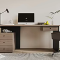 Modern Home Office Desk Setup With Computer Lamp Fruit Vase Drawer Cabinet And Chair