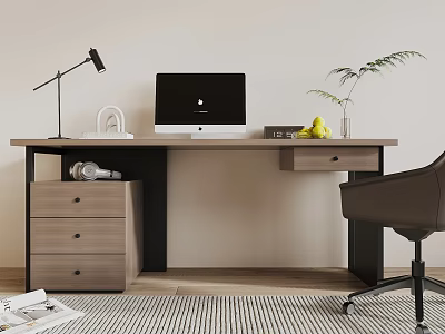 Modern Home Office Desk Setup With Computer Lamp Fruit Vase Drawer Cabinet And Chair 3d model
