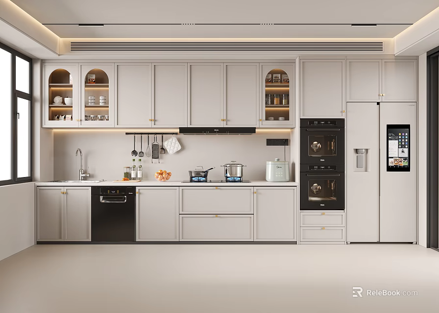 Modern Kitchen Interior With White Cabinetry Glass Door Cabinets And Appliances 3d model 