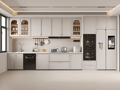 Modern Kitchen Interior With White Cabinetry Glass Door Cabinets And Appliances 3d model