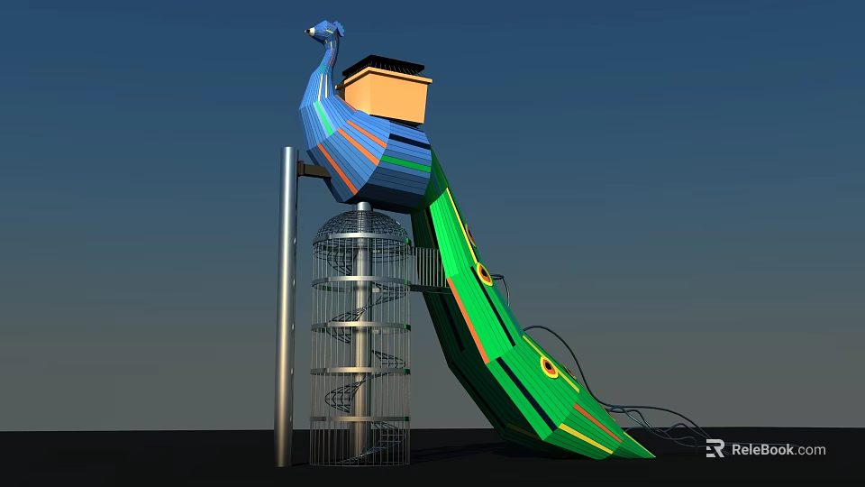 Peacock Shaped Playground Equipment With Spiral Slide And Metal Tower Yellow Top House 3d model 