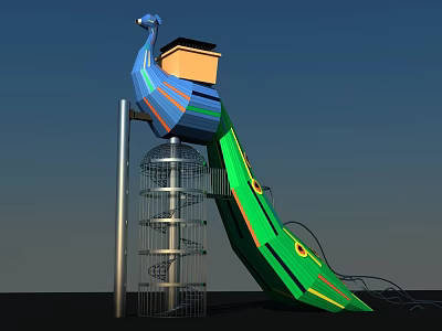 Peacock Shaped Playground Equipment With Spiral Slide And Metal Tower Yellow Top House 3d model
