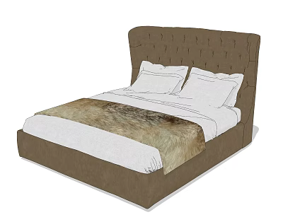 Stylish Double Bed With Brown Tufted Headboard White Linens And Brown Fur Throw 3d model