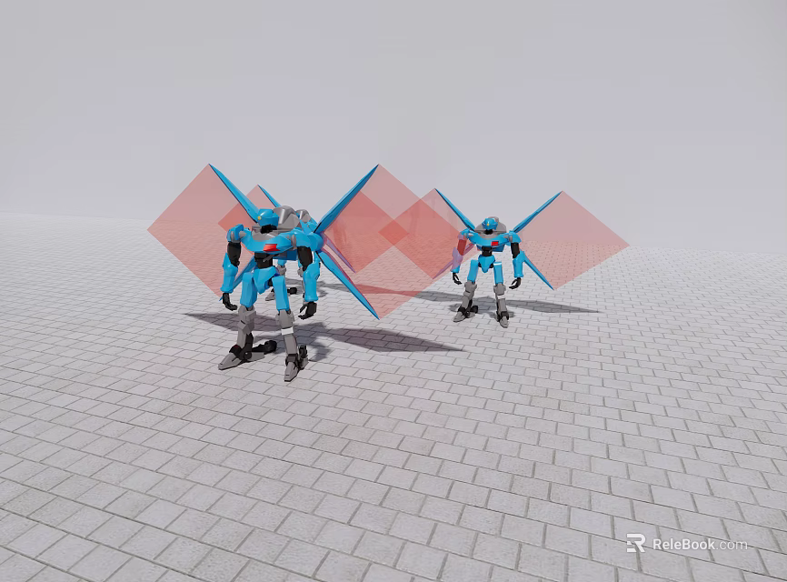 Two Blue Robots With Red Transparent Wings On Brick Paved Ground 3d model 