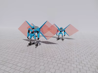 Two Blue Robots With Red Transparent Wings On Brick Paved Ground 3d model